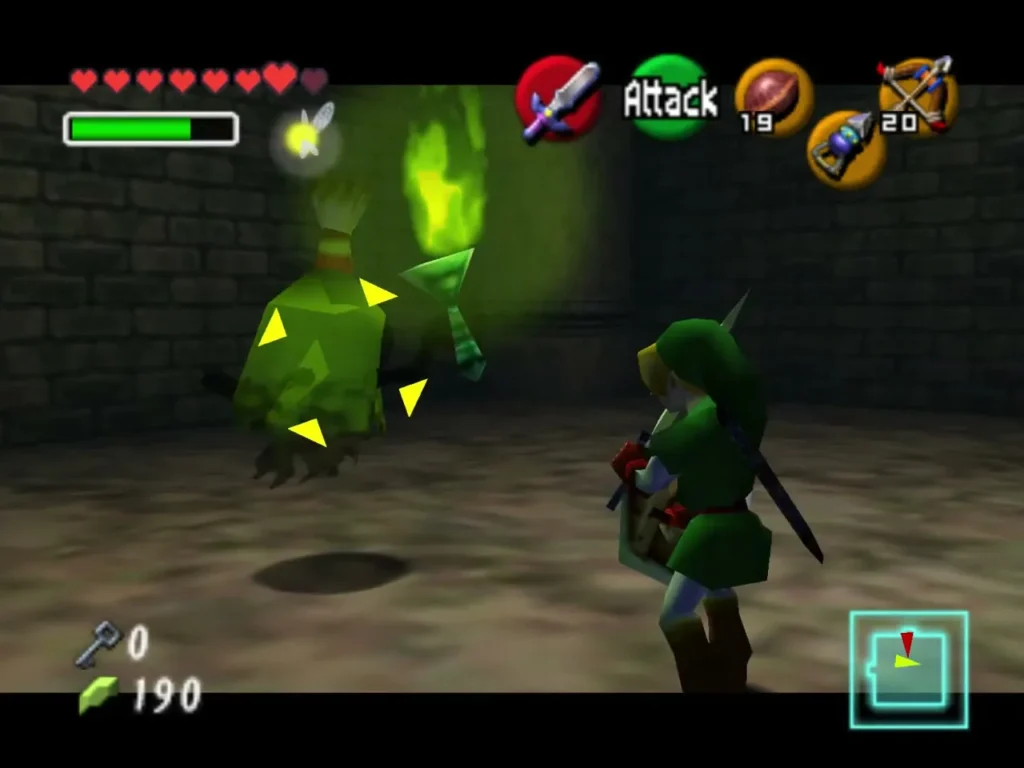 Link facing Amy, the green Poe, in the room after the portrait burns