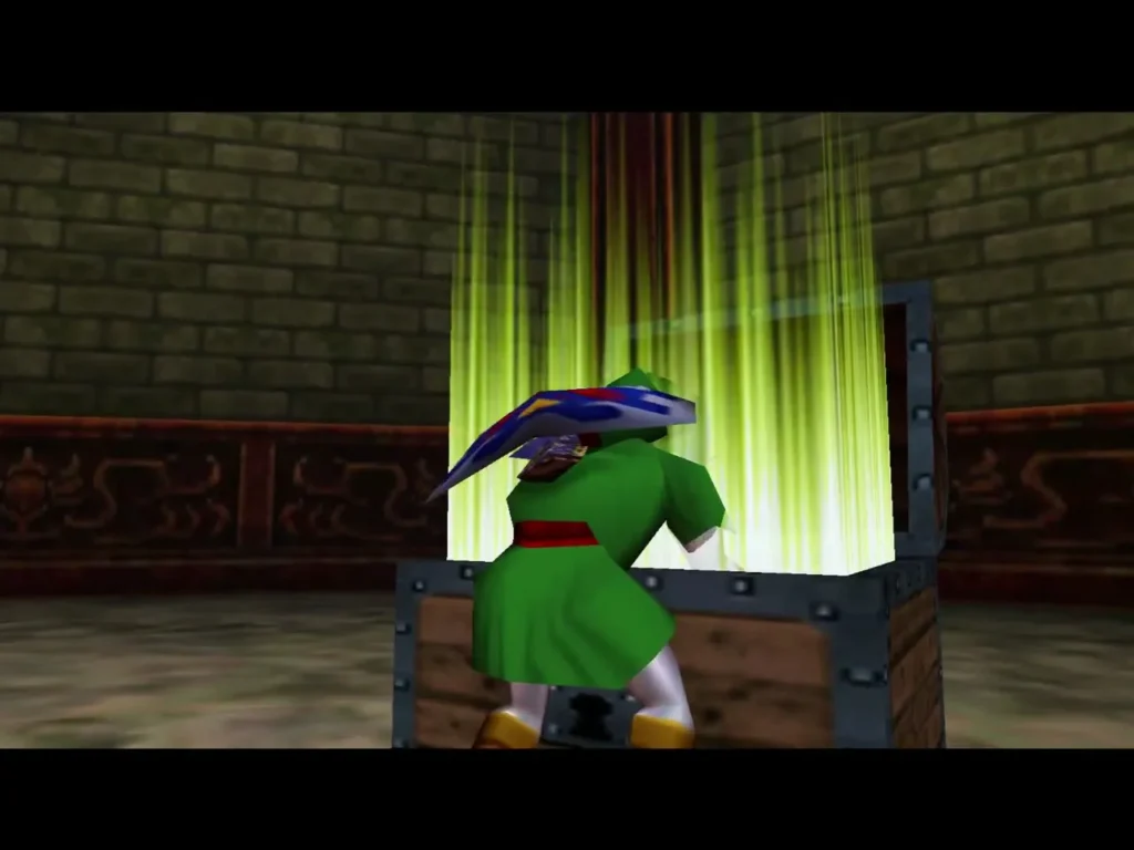 Link raising the Fairy Bow above an open chest in the arena