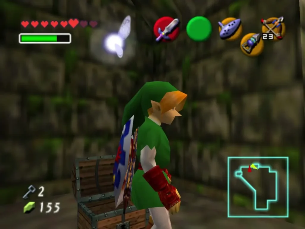 Link beside a wooden chest on the balcony with two small keys in the counter