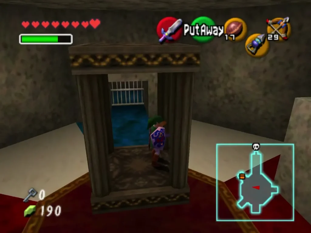 Link standing in a doorway toward a barred gate over blue water