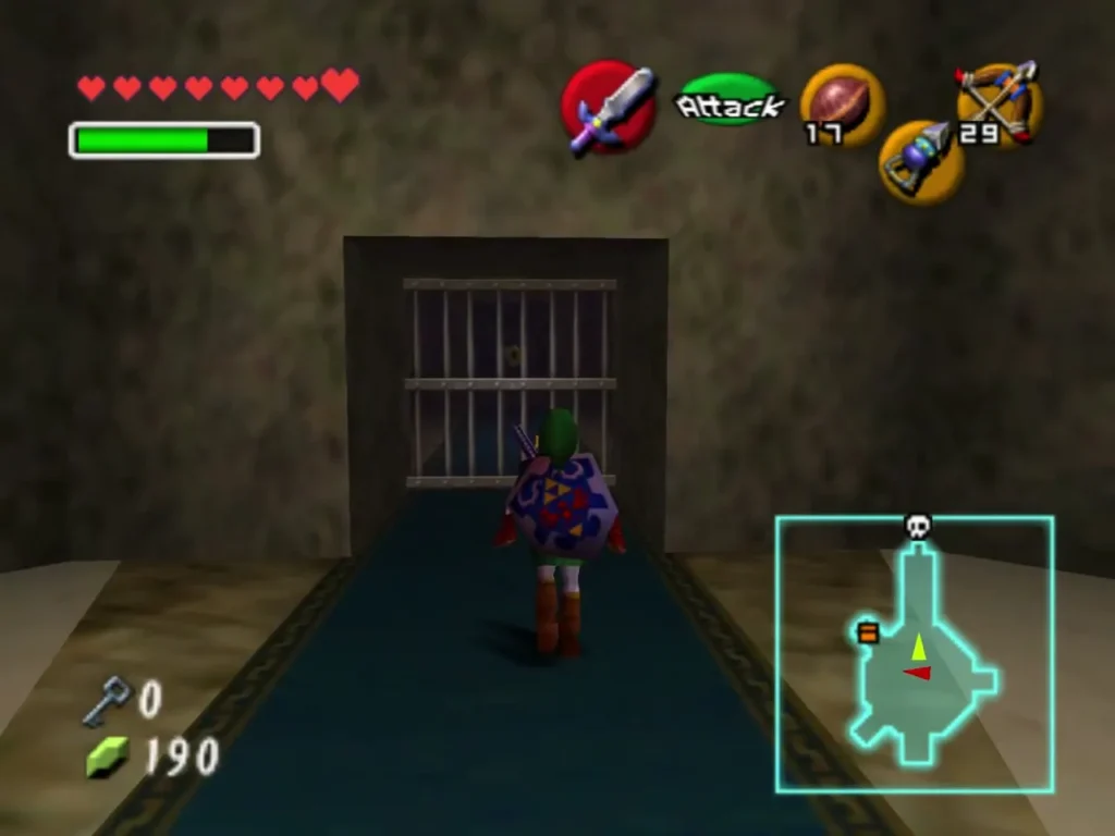 Link walking down a blue carpet toward a barred gate