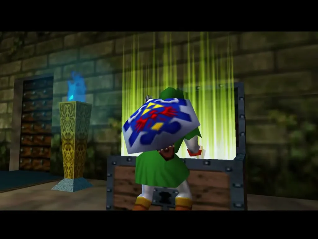 Link raising an item over an open chest in a stone room