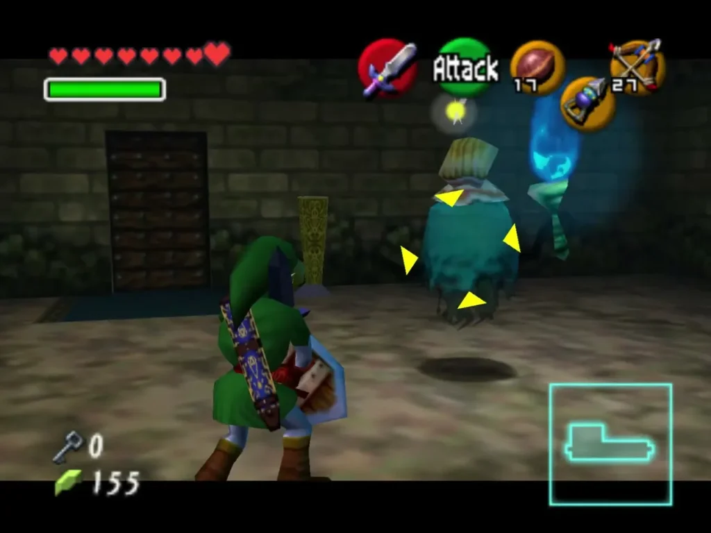 Link slashing at the teal ghost Beth as she reappears beside a torch
