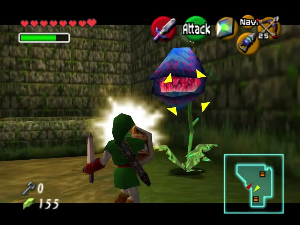 Link striking a large Deku Baba plant in the garden