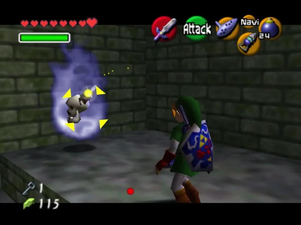 A Blue Bubble flaming enemy in a small stone room with Link