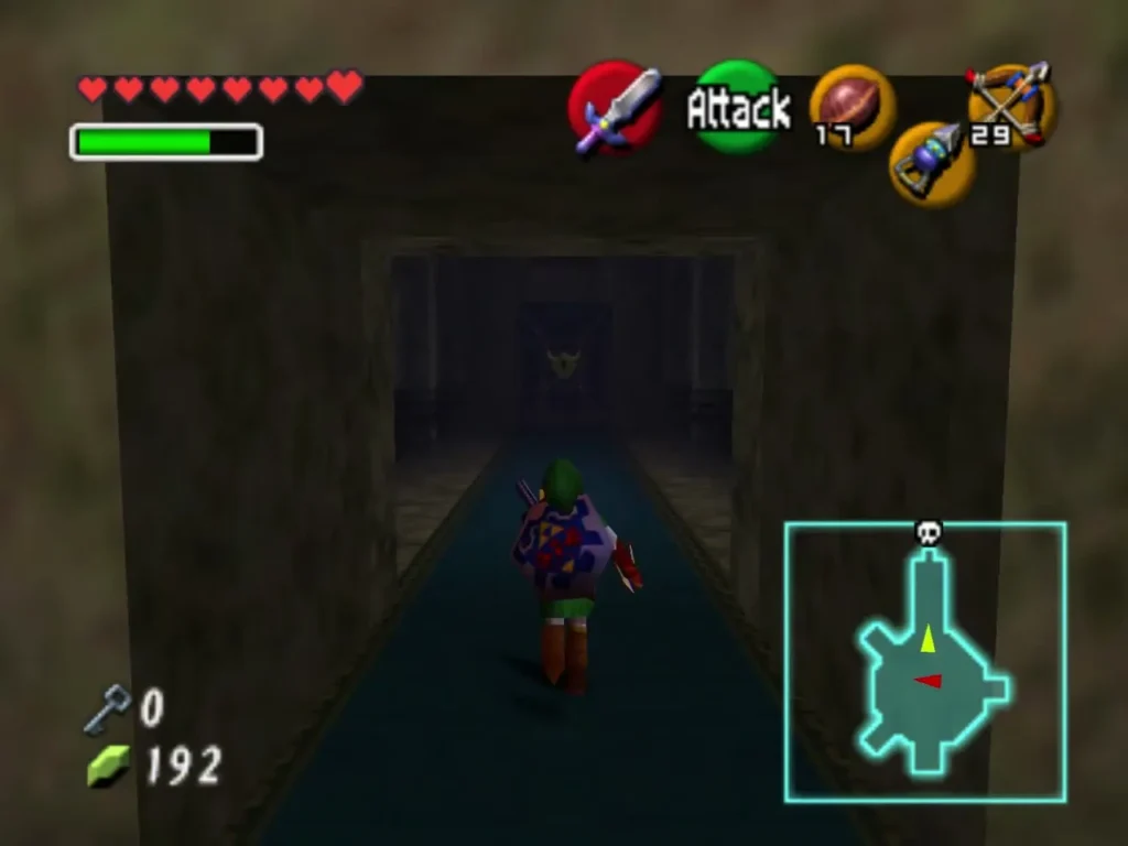 Link walking down the blue carpet of a passage toward the boss door