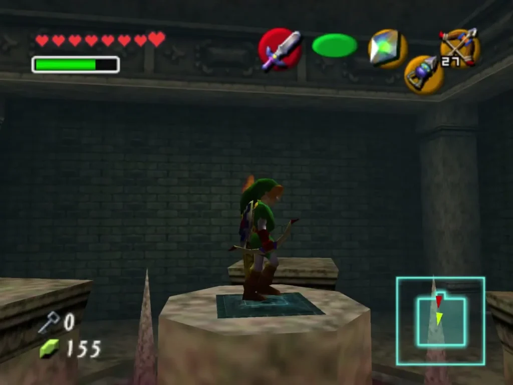Link standing on a blue floor switch in the spike room