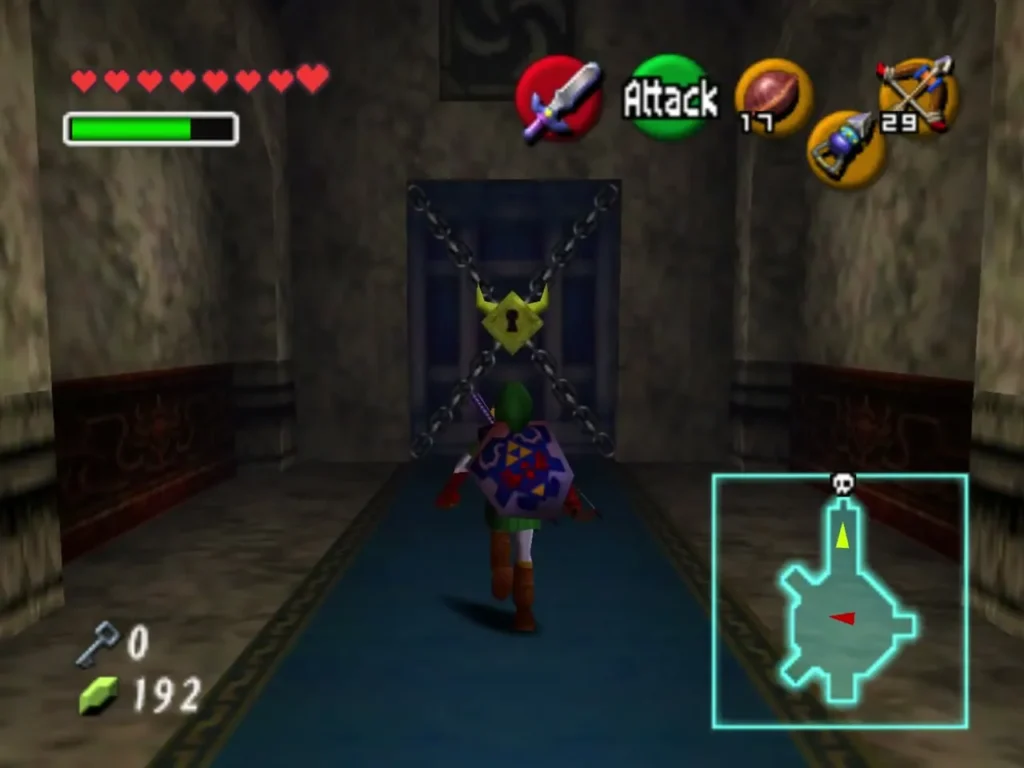 Link facing the chained boss door with its gold lock