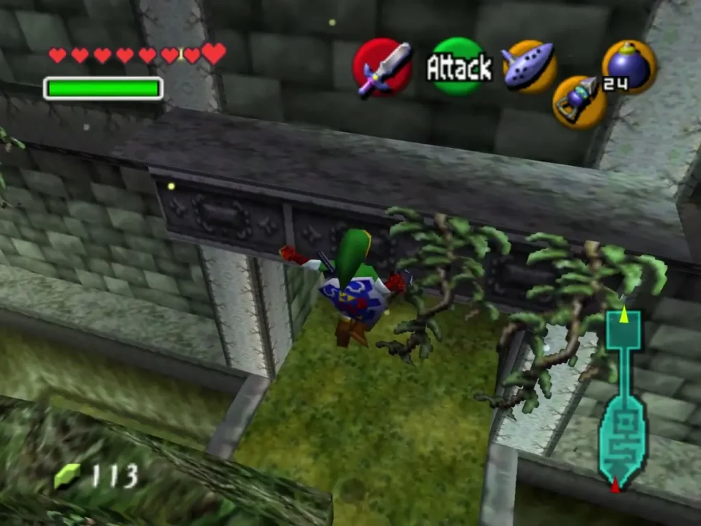 Link on the broken steps beside the vine-covered temple wall