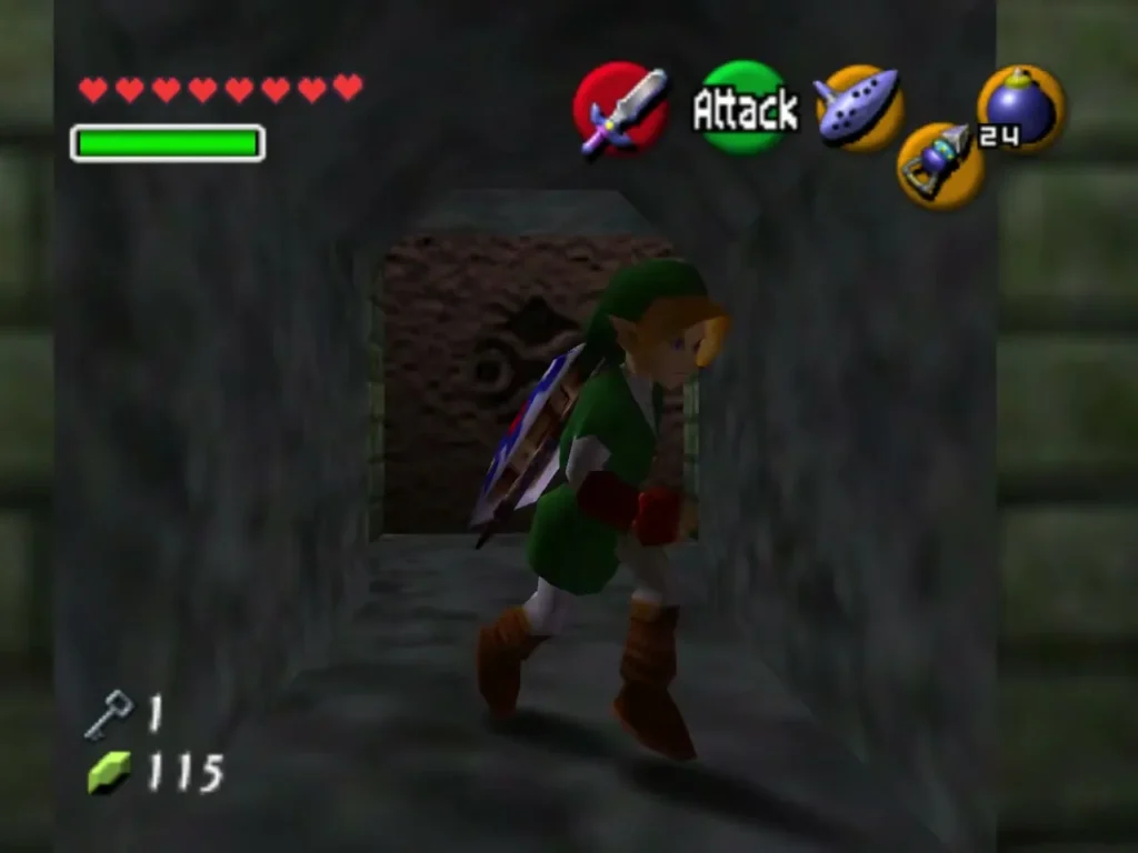 Link pushing a carved block along a stone passage
