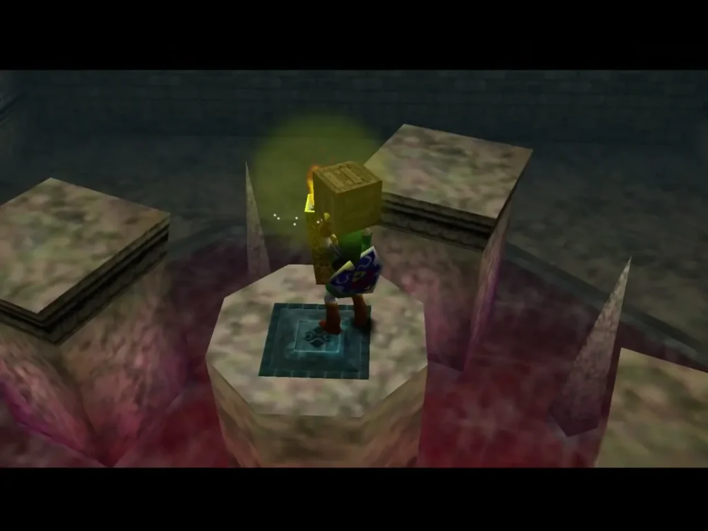 Link holding a wooden box over his head beside a torch in the spike room