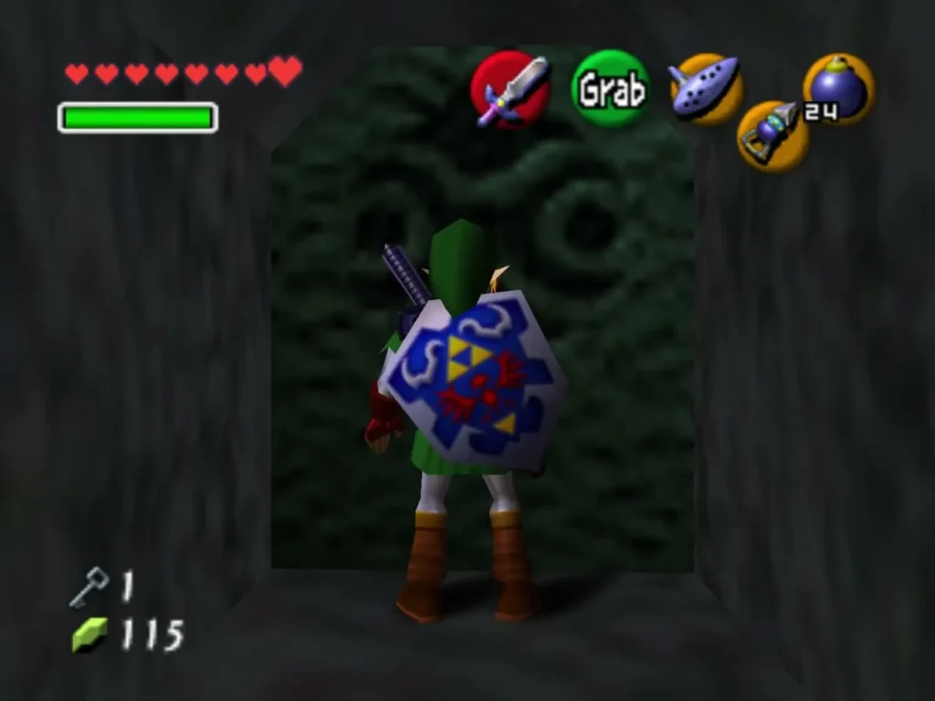 Link leaning against a carved block in the corridor