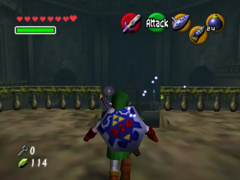 Link walking toward the central hall with its torch pedestals and blue flames
