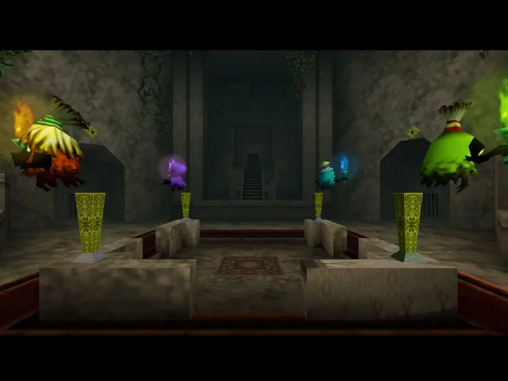 Four Poe Sisters hover above the torch pedestals in the central hall