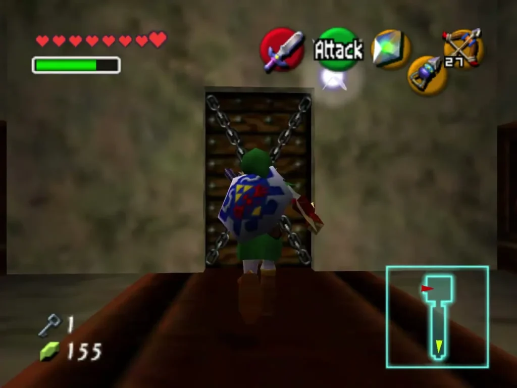 Link facing the chained wooden door at the end of the long stone corridor