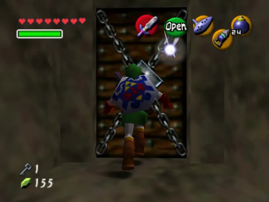 Link at the chained locked door with the Open prompt showing