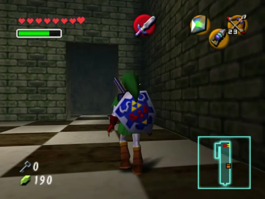Link standing on a black-and-white checkered floor in a stone room