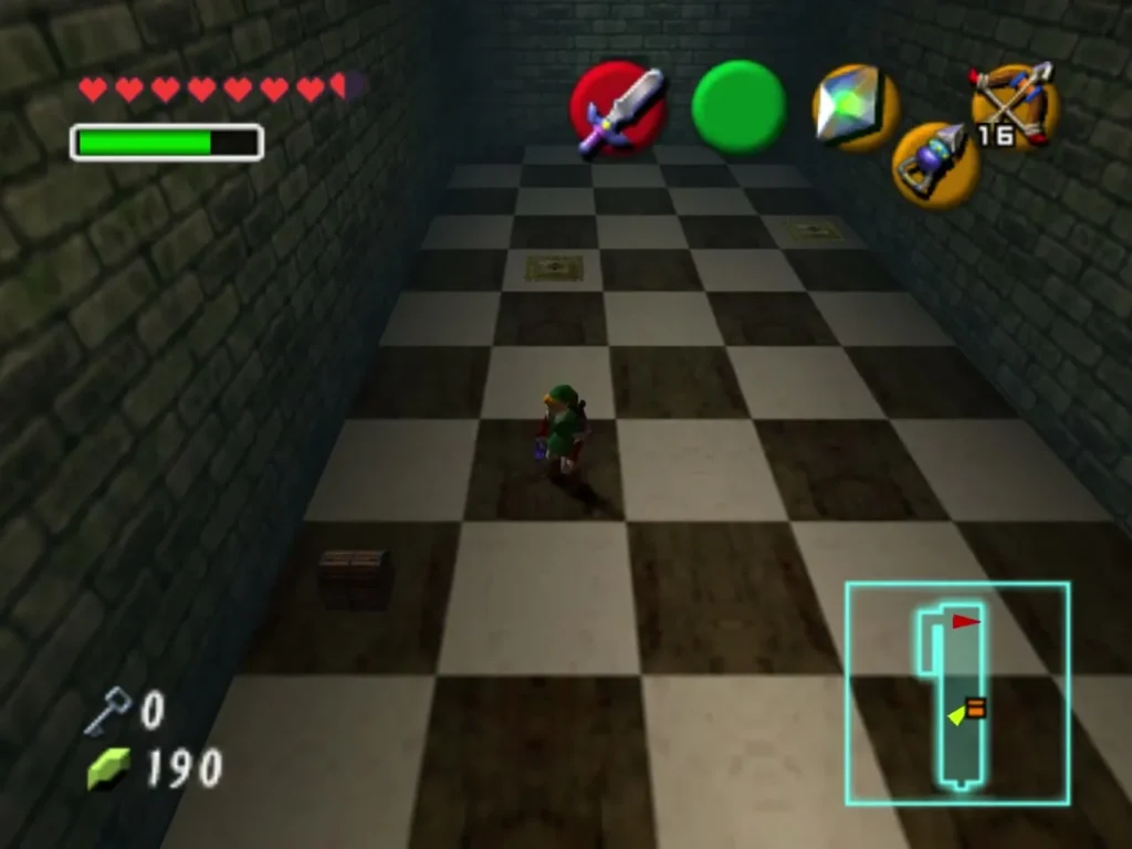 Link walking across a checkered room toward a small chest near the far wall