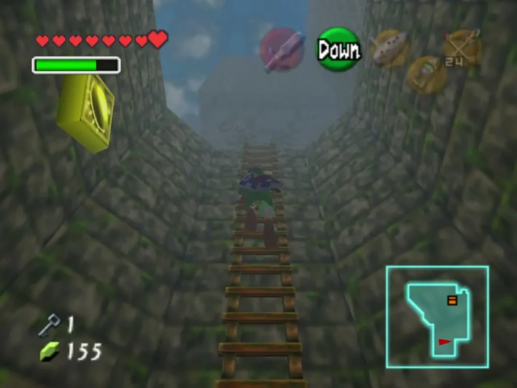 Link climbing a ladder up a stone well shaft toward the open sky