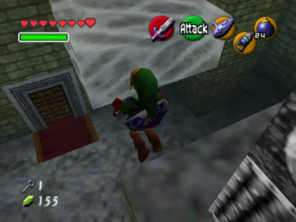 Link standing on a transparent block below the colorful door