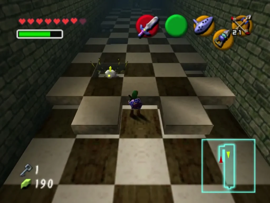Link crossing the checkered room on the raised safe tiles in the Forest Temple