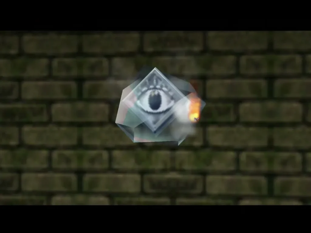 Frozen eye switch encased in ice on a brick wall, a burning arrow striking it