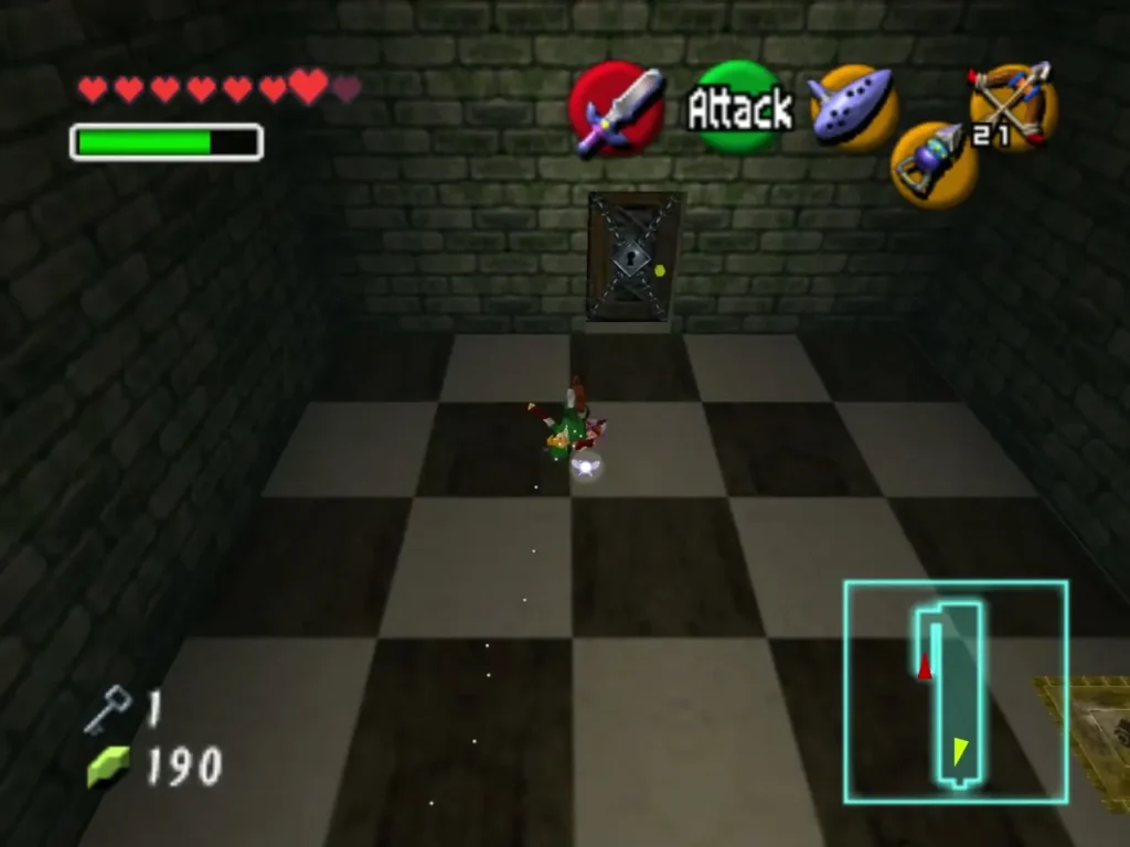 Link in the checkered room facing the locked door at the far end