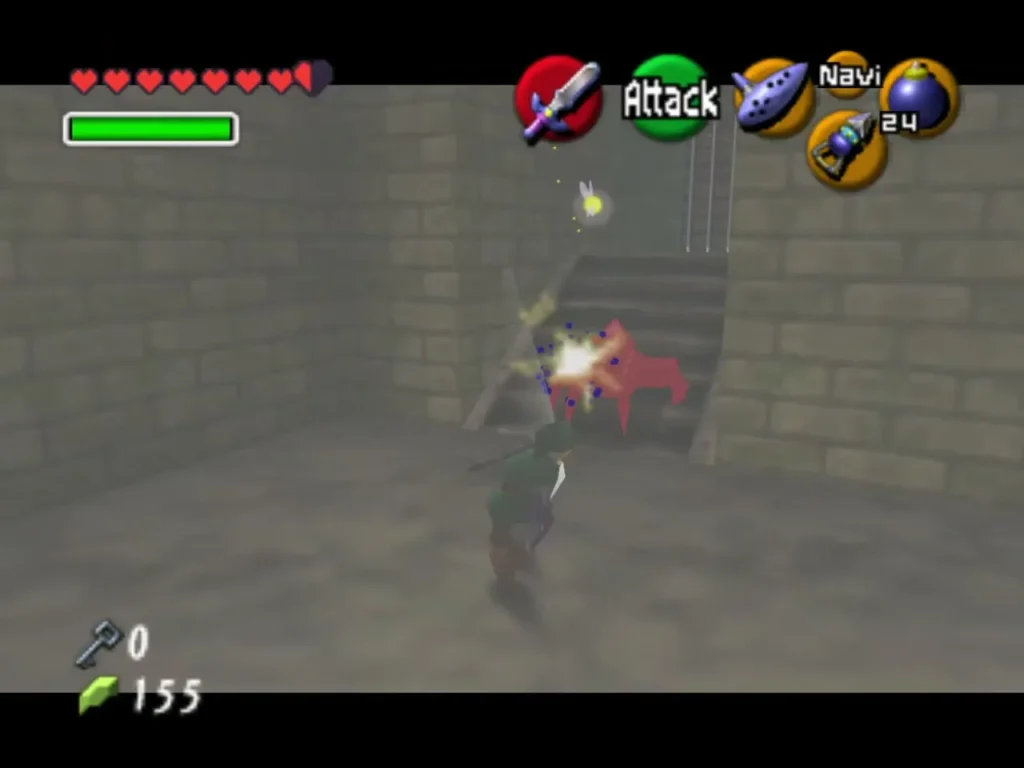 Link striking a red enemy with sparks at the foot of the dark stairs