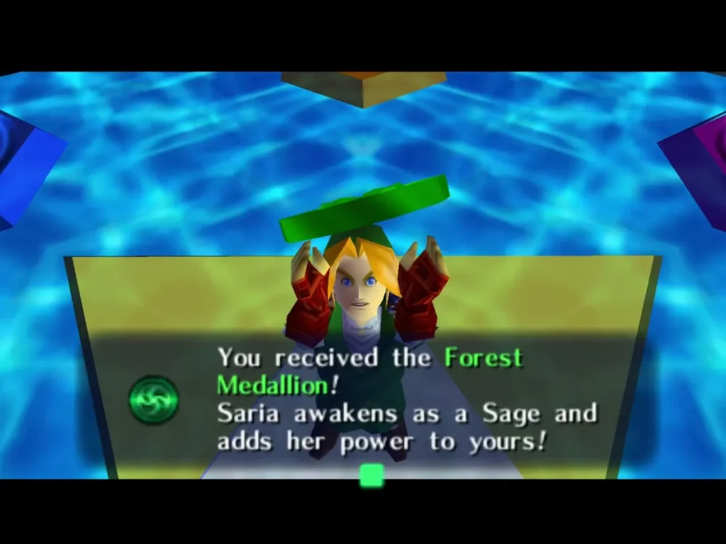Item box reading You received the Forest Medallion with Saria awakening as a Sage