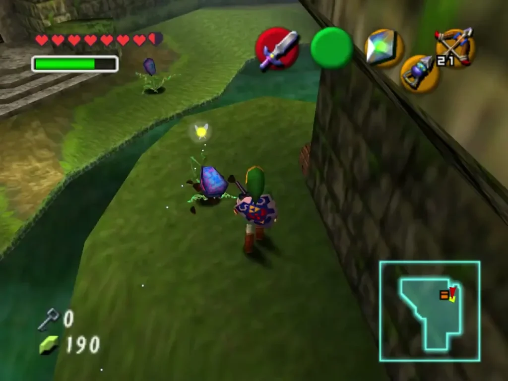 Link with a shield fighting a purple Deku Baba in the garden