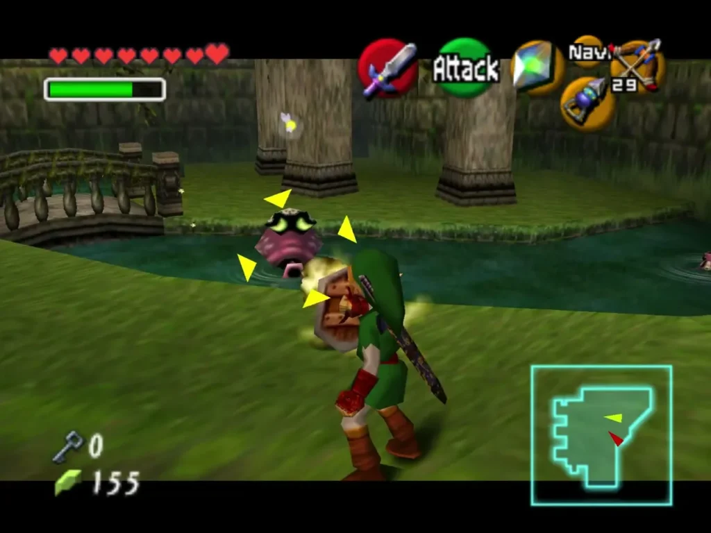 Link striking a Deku Baba beside a pond in the garden