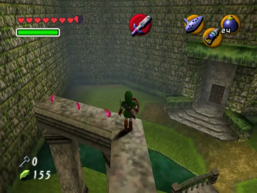 Link walking a narrow stone ledge above the garden pond