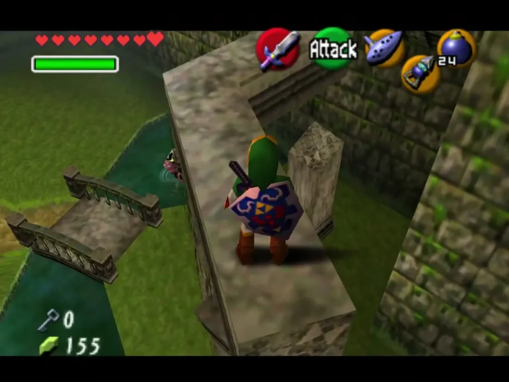 Link standing on a stone ledge beside the garden bridge