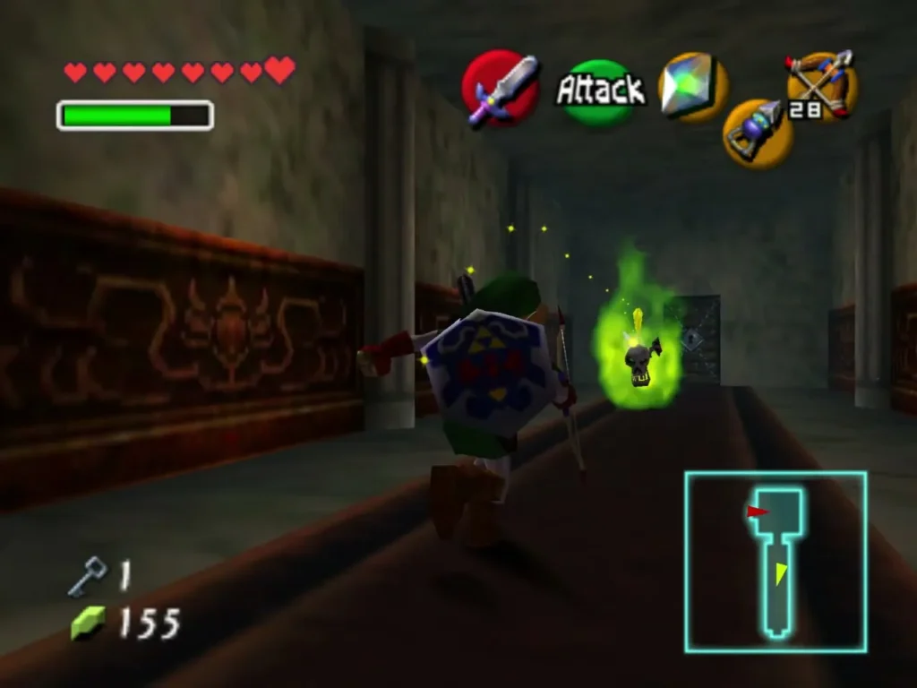 Link facing a green flaming Green Bubble in a long stone corridor