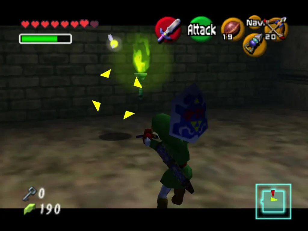 Link beside the green torch that lights after Amy is defeated
