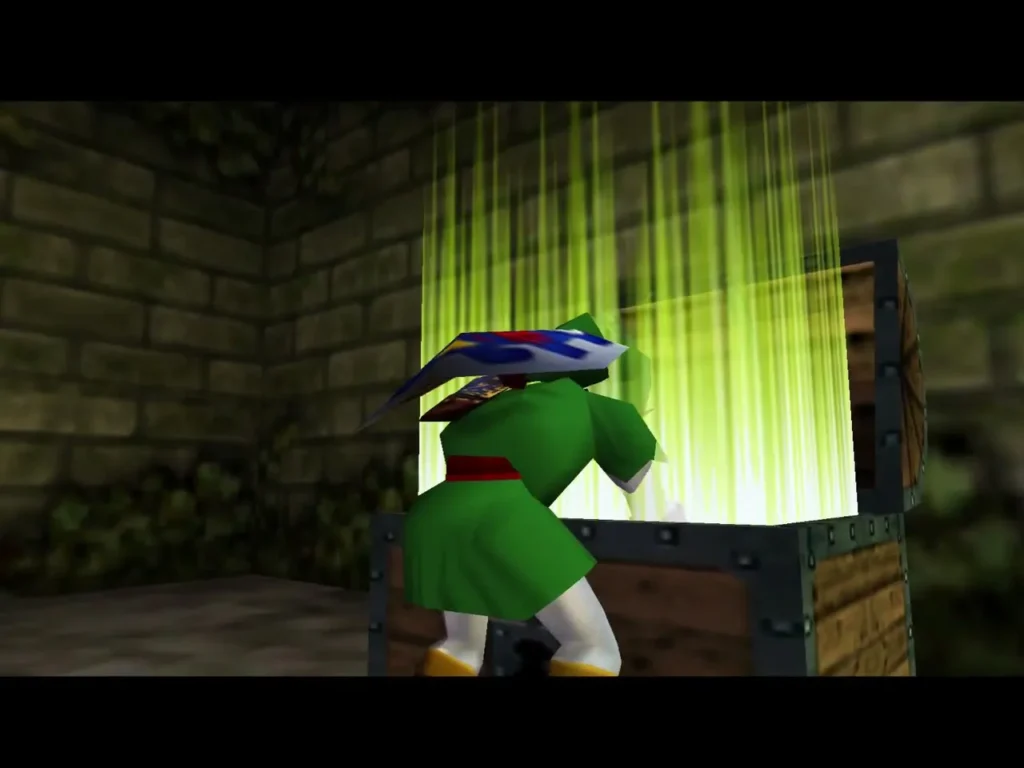 Link opening a chest with a green light beam rising from it