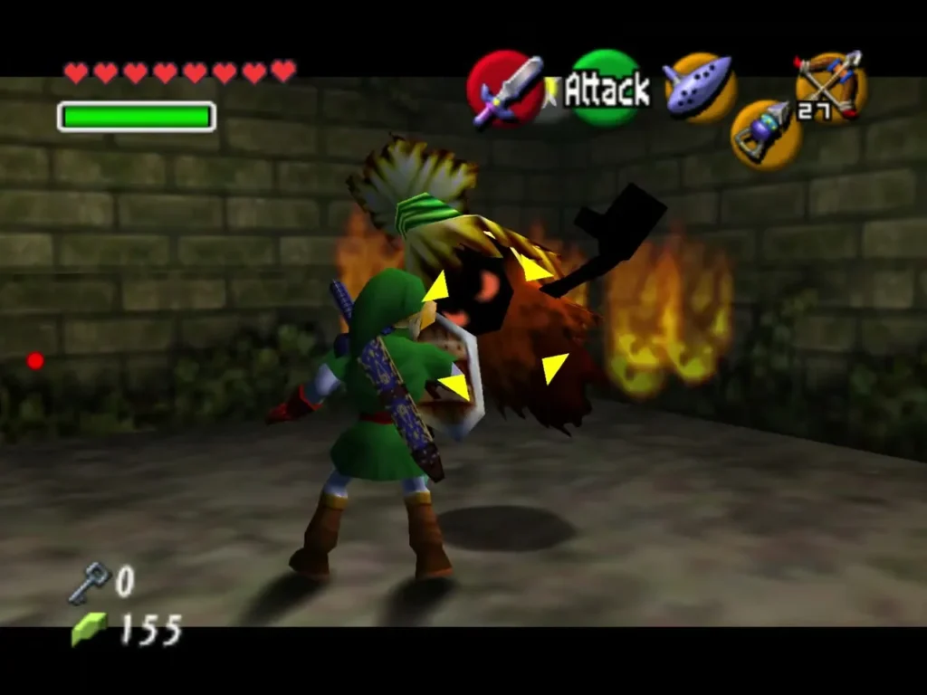 Link fighting the ghostly Joelle with flames behind her in a stone room