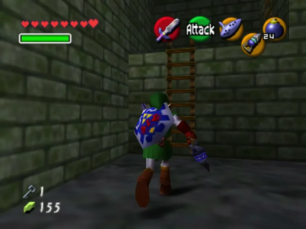 Link walking past a wooden ladder in the stone hall