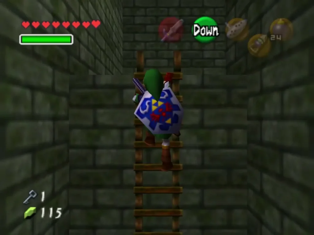 Link climbing a wooden ladder in a dark stone shaft