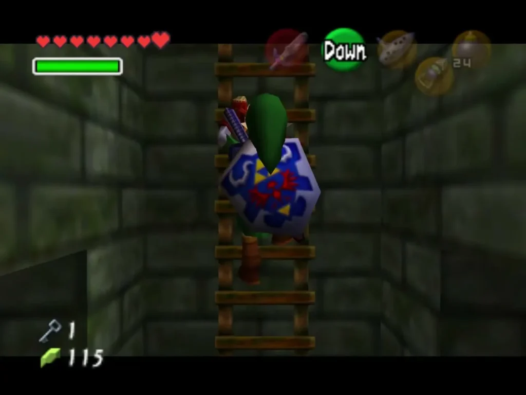 Link climbing a wooden ladder in the stone shaft