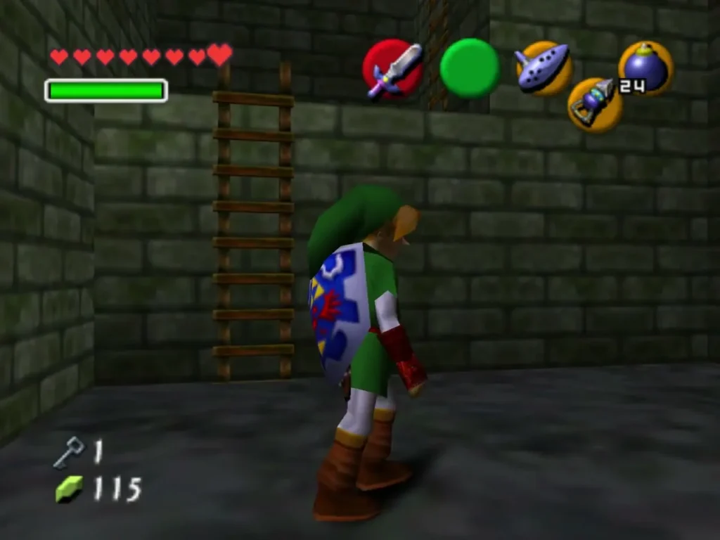 Link stepping up to a wooden ladder on the stone wall