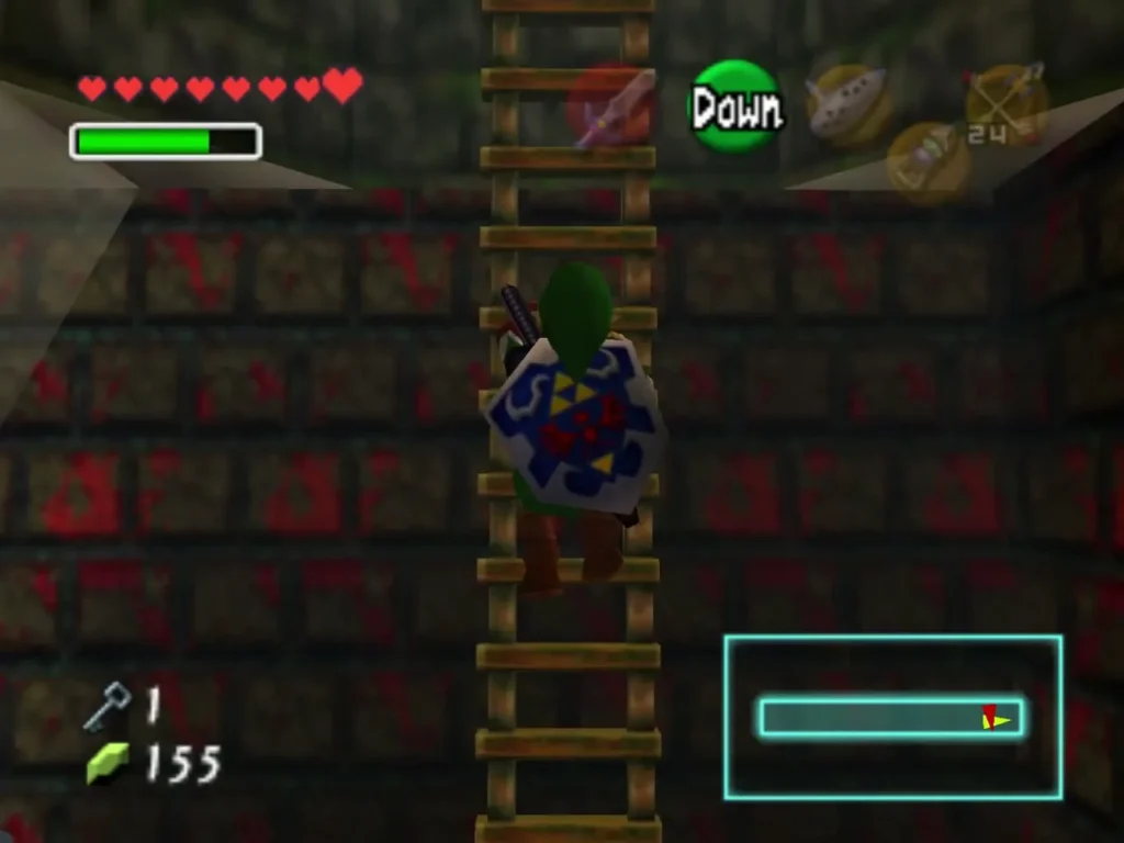 Link climbing a wooden ladder up a stone shaft