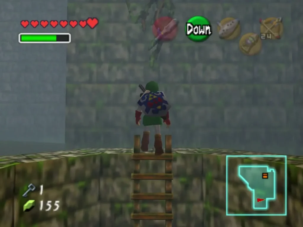 Link standing on a small stone ledge at the top of a ladder with vines above