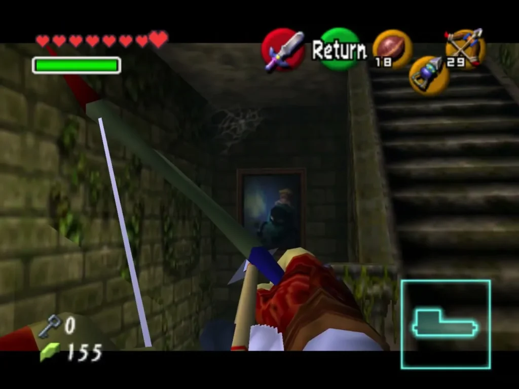 Link aiming a bow up a staircase toward a portrait on the wall