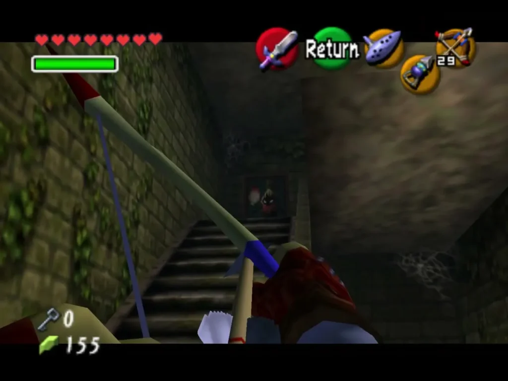 Link aiming a bow with an arrow up a staircase toward a portrait