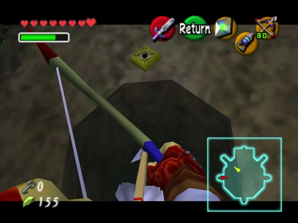 Link aiming the Fairy Bow at an eye switch in the main hall
