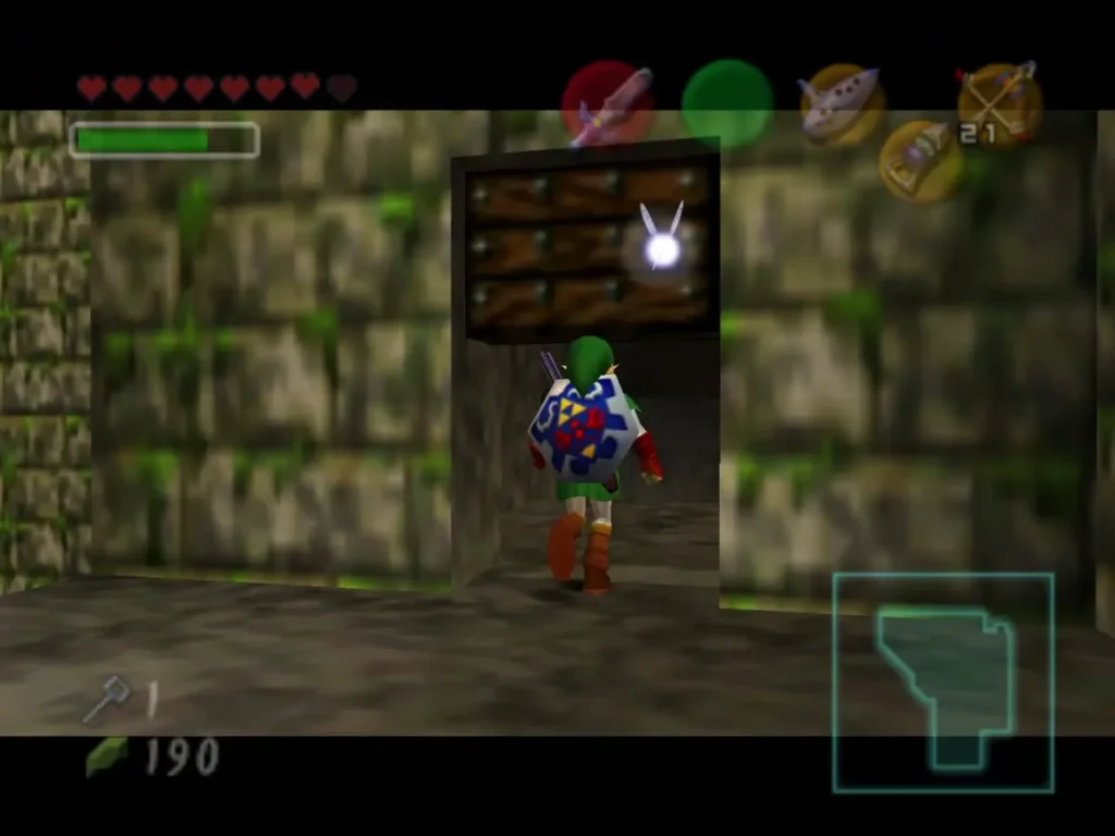 Link in front of a wooden door set in a stone wall