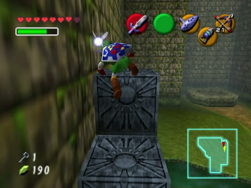 Link standing on top of a stone time block beside a pond