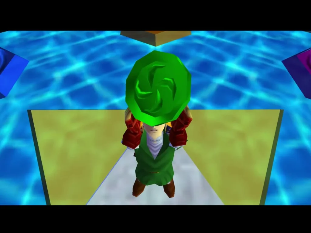 Link holding the green Forest Medallion above his head in the Chamber of the Sages