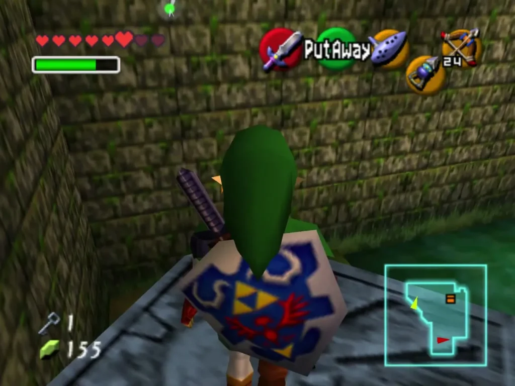 Link standing on a grey stone time block beside a mossy wall